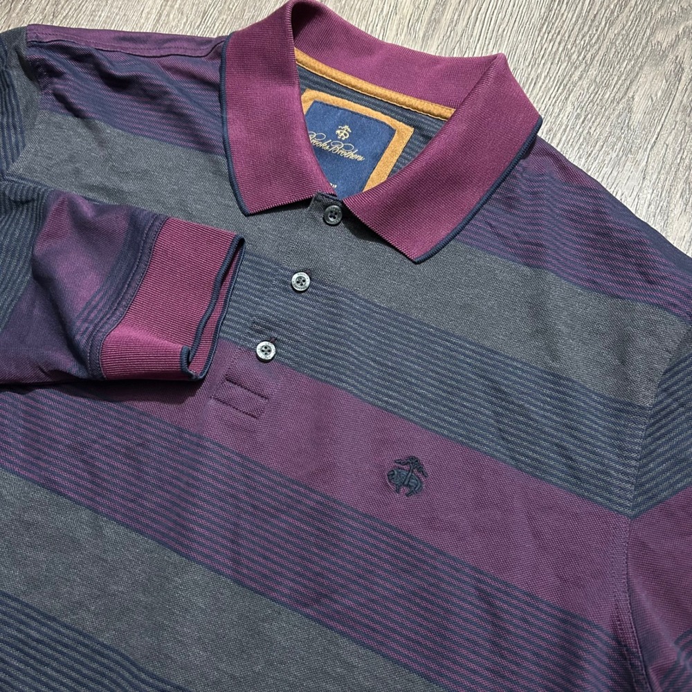 Brooks Brothers Polo Shirt XL Purple Grey Striped Long Sleeve Cotton Pique